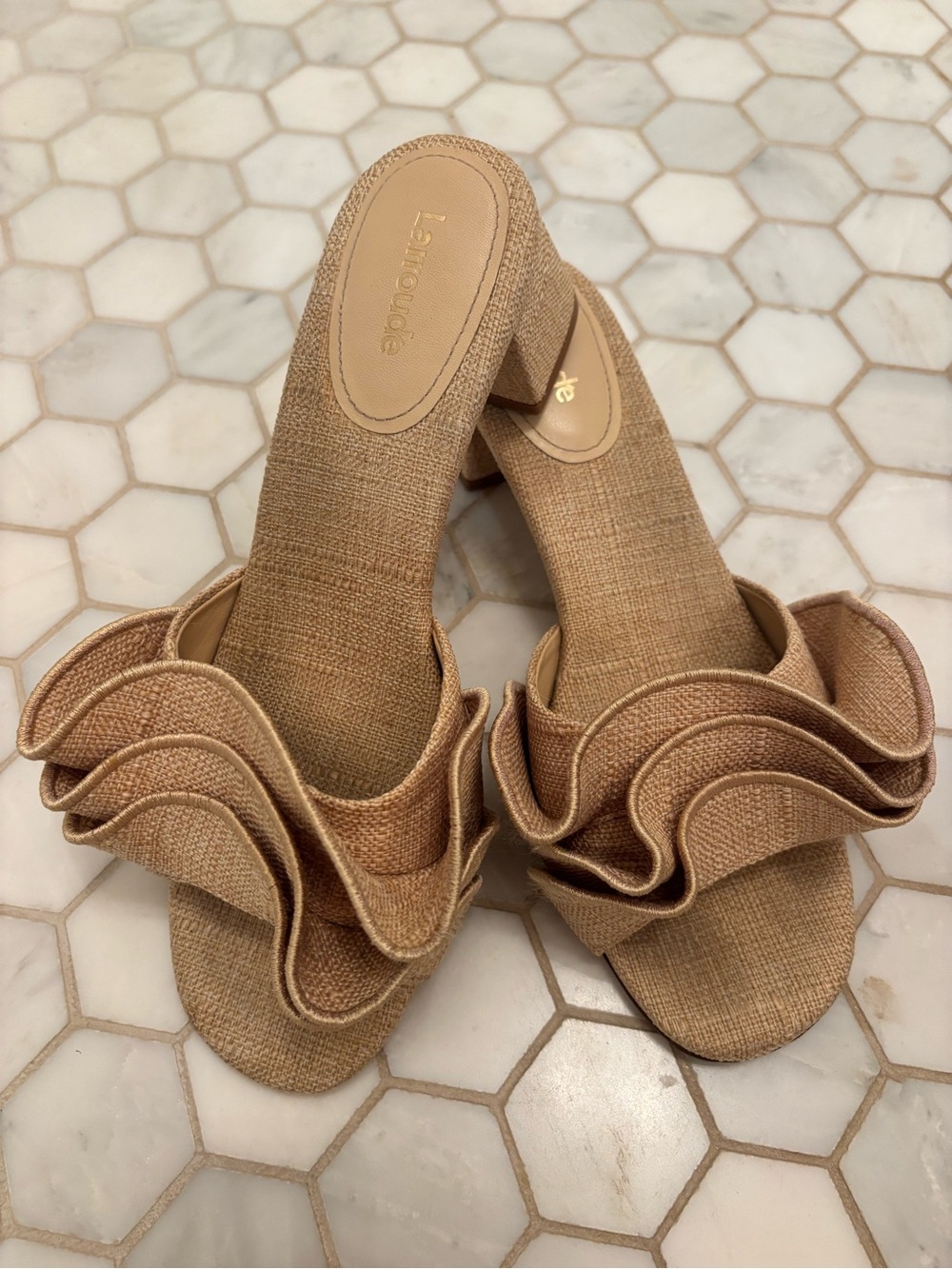 Larroude Tan Ruffle Slide Sandals - Picture 1 of 2